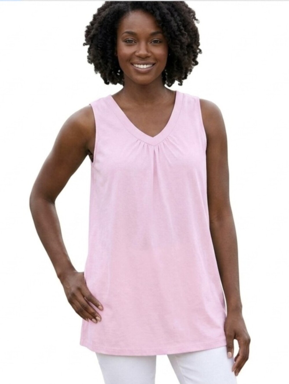 Woman Within Pink Perfect Sleeveless Shirred V-Neck Tunic Top Size 14/16 M